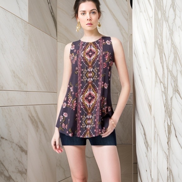 Chic & Comfortable:NWT Printed Sleeveless Tunic for Stylish Women in Grey Medium - Picture 1 of 5